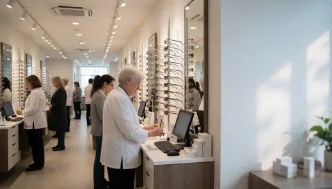 Un opticien en blouse blanche travaille sur un ordinateur au comptoir. Des clients essaient des lunettes sur des étagères. La lumière naturelle inonde l'intérieur du magasin.