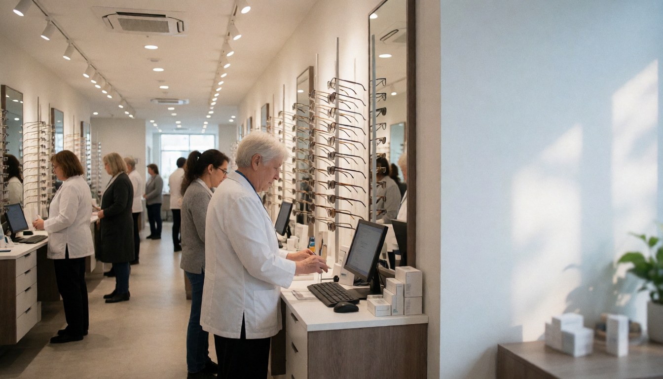 Un opticien en blouse blanche travaille sur un ordinateur au comptoir. Des clients essaient des lunettes sur des étagères. La lumière naturelle inonde l'intérieur du magasin.