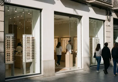 Façade blanche et grandes vitrines d'un magasin d'optique moderne, présentoir de lunettes et clients marchant sur le trottoir.