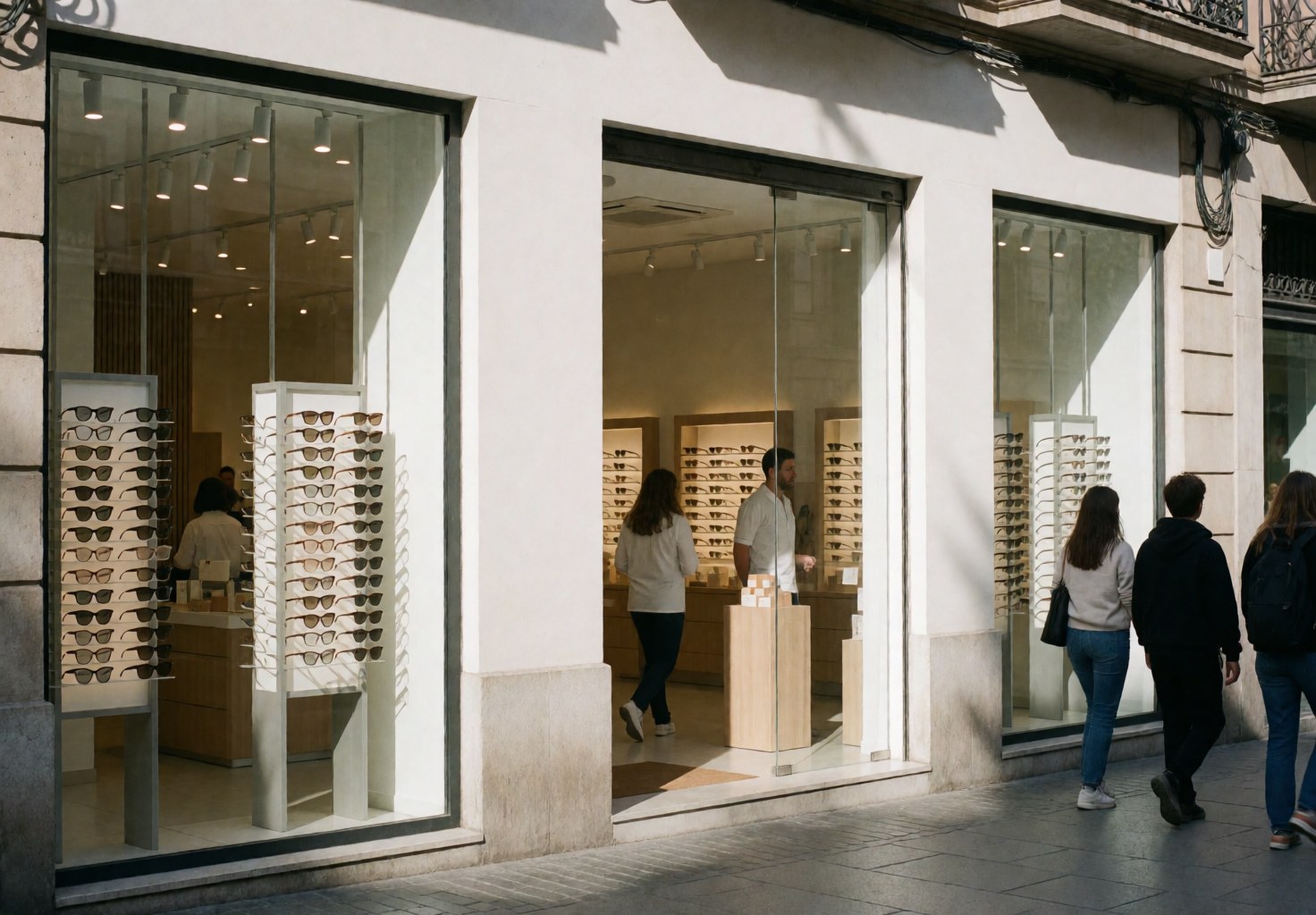 Façade blanche et grandes vitrines d'un magasin d'optique moderne, présentoir de lunettes et clients marchant sur le trottoir.