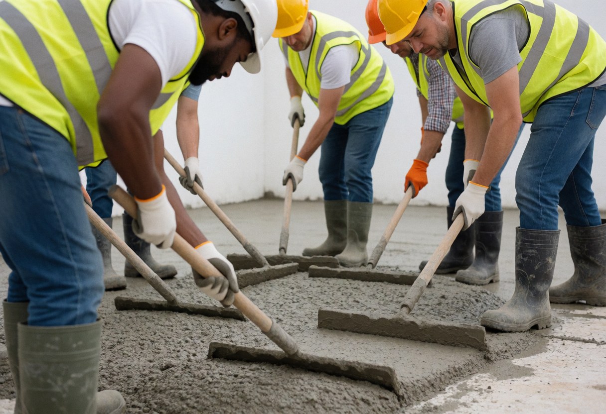 Des ouvriers en casques et gilets de sécurité utilisent des râteaux en bois pour niveler du béton frais sur un chantier de construction.