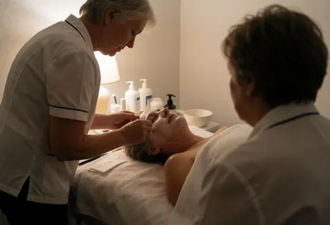 Une thérapeute applique un masque facial à une cliente dans un salon de beauté éclairé par des lumières chaudes avec des produits cosmétiques visibles.