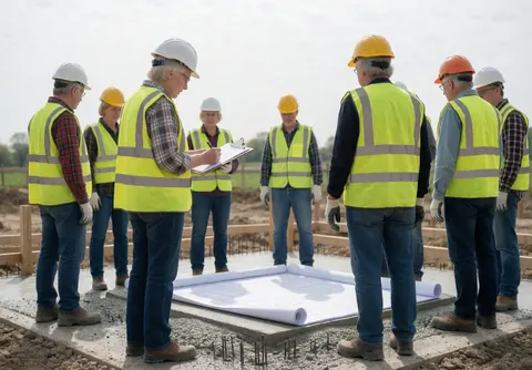 Des ouvriers en tenue de sécurité consultent des plans techniques posés sur une fondation en béton lors d'une inspection sur un chantier de construction.
