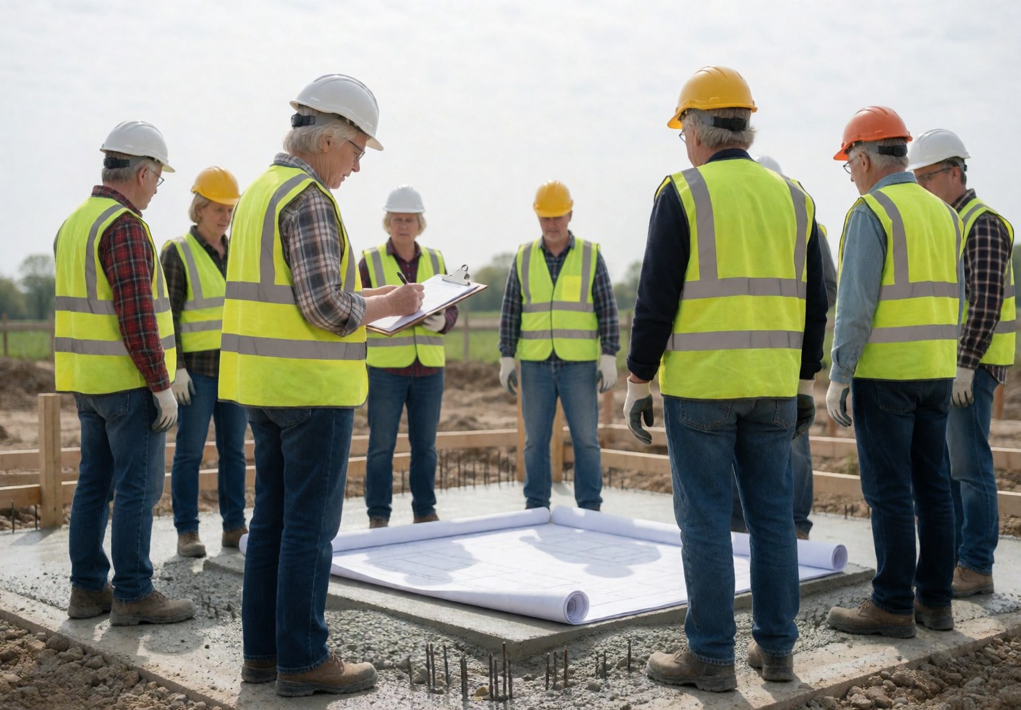 Des ouvriers en tenue de sécurité consultent des plans techniques posés sur une fondation en béton lors d'une inspection sur un chantier de construction.