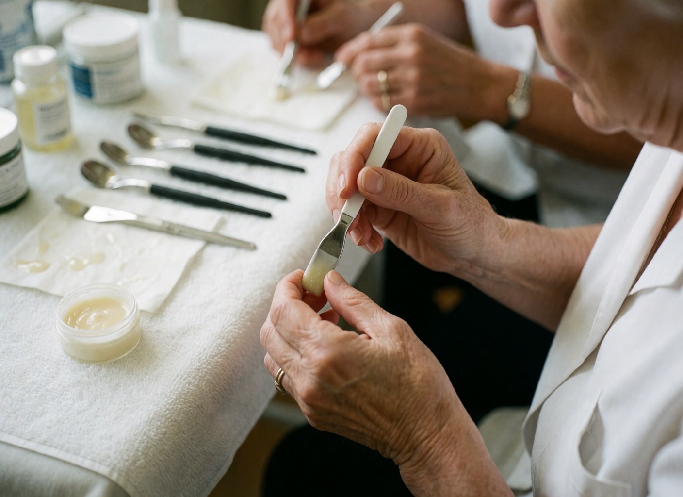 Des mains appliquent un sérum sur la peau à l'aide d'une spatule dans un cadre esthétique, avec des outils et des récipients visibles sur une table propre.