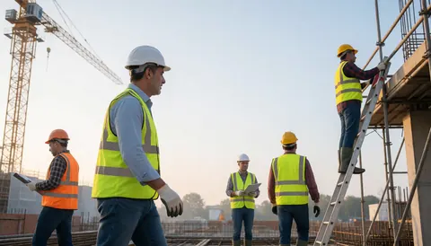 Des ouvriers portant casques et gilets sur un chantier avec une grue en arrière-plan.