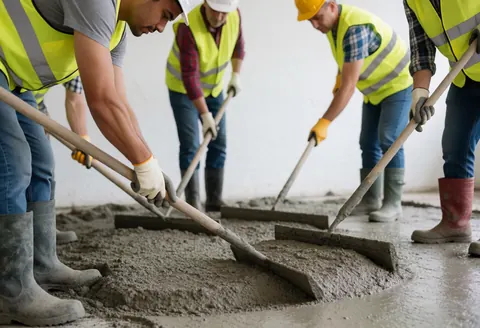 Des ouvriers en tenue de sécurité nivelent du béton récemment coulé à l'aide de pelles sur un chantier de construction.