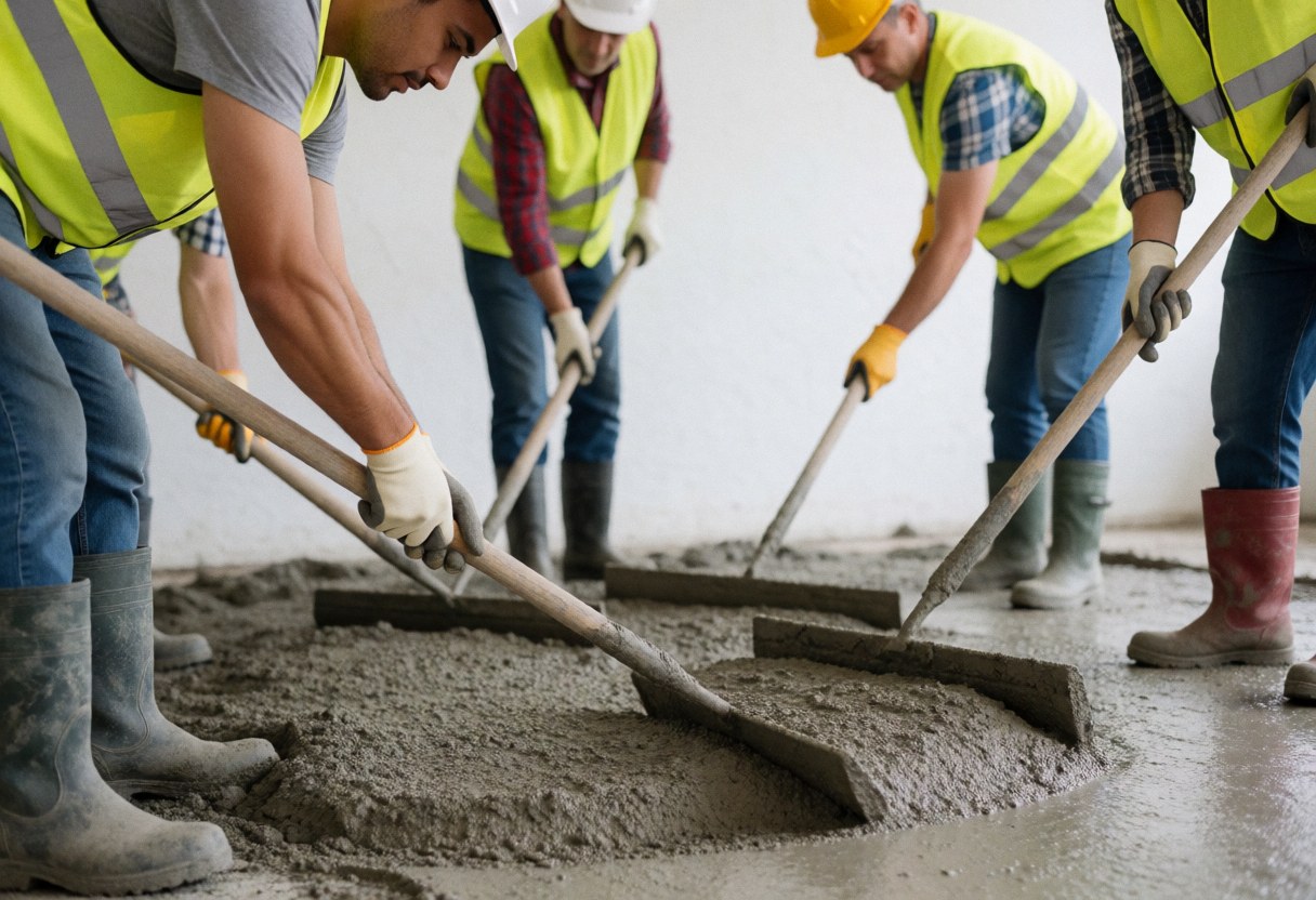 Des ouvriers en tenue de sécurité nivelent du béton récemment coulé à l'aide de pelles sur un chantier de construction.
