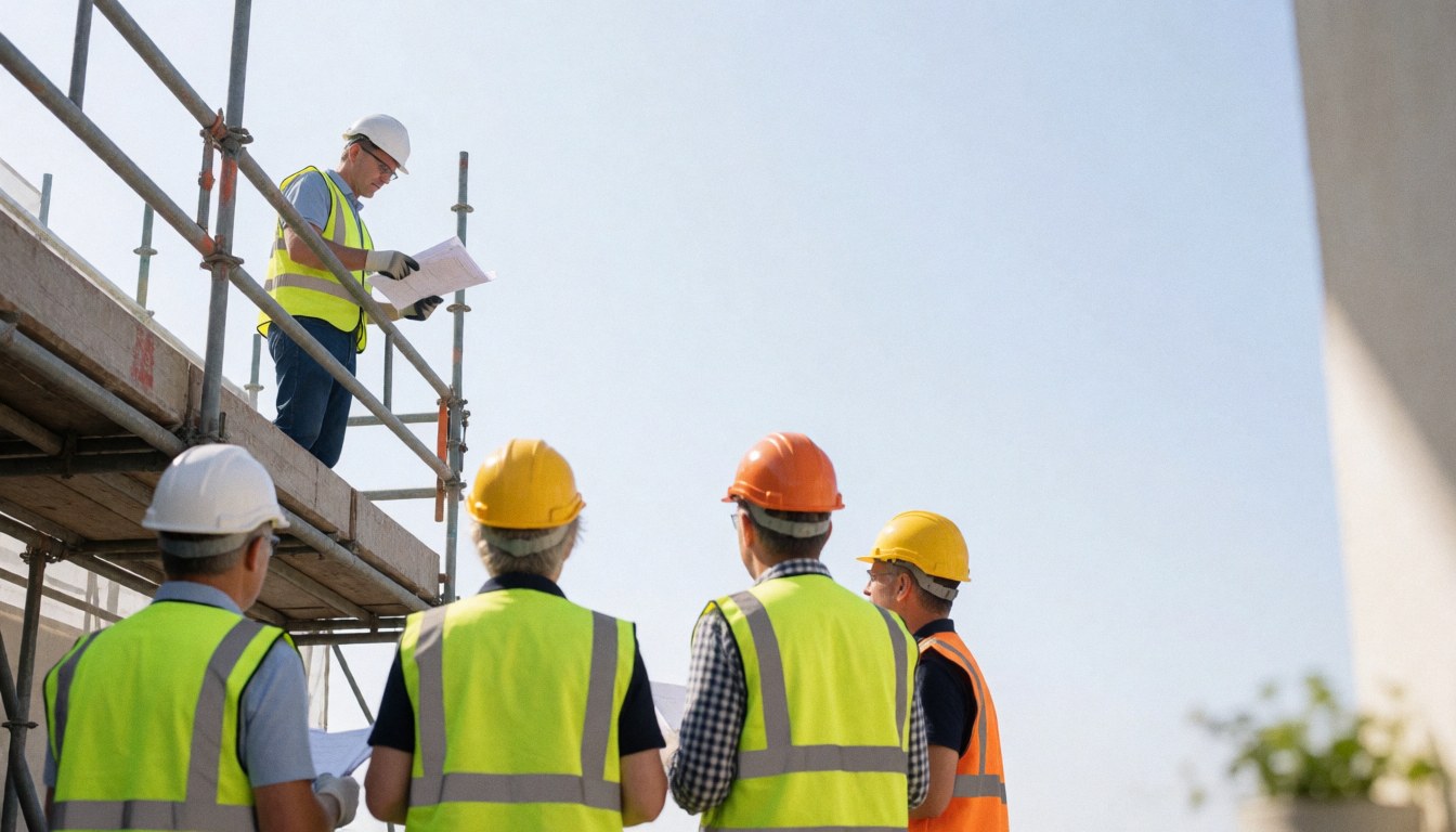 Équipe de construction vérifiant des plans sur des échafaudages sous un ciel clair, avec des casques de sécurité visibles.