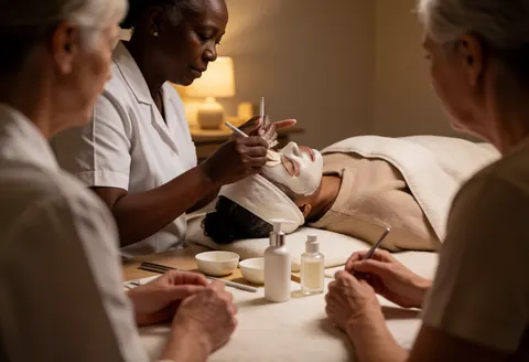 Une thérapeute applique un masque facial à une cliente dans un salon de beauté éclairé par une lumière chaude, avec des produits cosmétiques visibles.