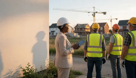 Une femme avec une tablette inspecte un chantier de construction avec des travailleurs et des grues en arrière-plan sous une lumière dorée.