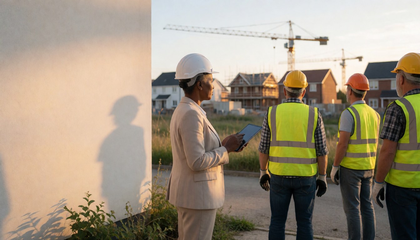 Une femme avec une tablette inspecte un chantier de construction avec des travailleurs et des grues en arrière-plan sous une lumière dorée.