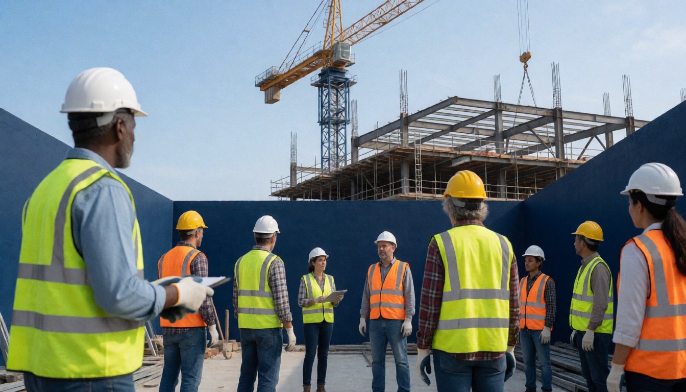 Chantier de construction avec une grue jaune, une structure métallique et des murs bleus. Travailleurs portant casques et gilets de sécurité.