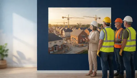 Quatre personnes portant des casques et des gilets de sécurité regardent un mur représentant une zone résidentielle en construction avec des grues et des maisons sur un fond bleu.