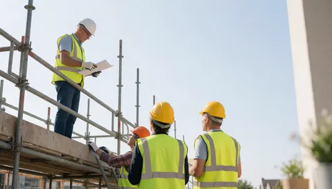 Quatre ouvriers en casques et gilets jaunes consultent des plans techniques sur un échafaudage de chantier par temps clair.