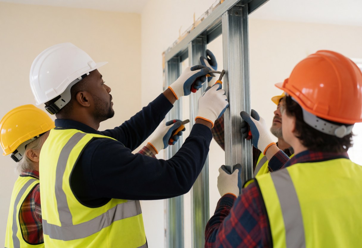 Des travailleurs casqués et gilets jaunes montent une structure métallique dans un chantier intérieur éclairé par la lumière naturelle.