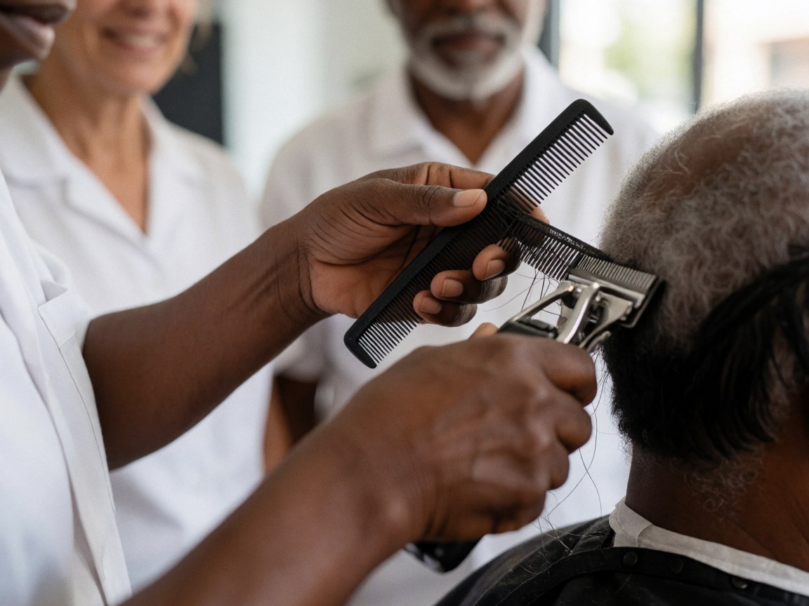 Mains d'un barbier coupant des cheveux gris avec des ciseaux, client assis visible dans une barberie.