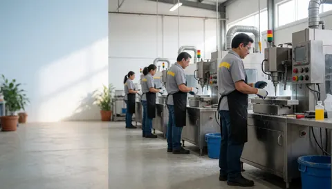 Travailleurs en ligne dans une usine industrielle, portant uniforme et gants, manipulant des machines en métal sous un plafond haut avec lumière naturelle.