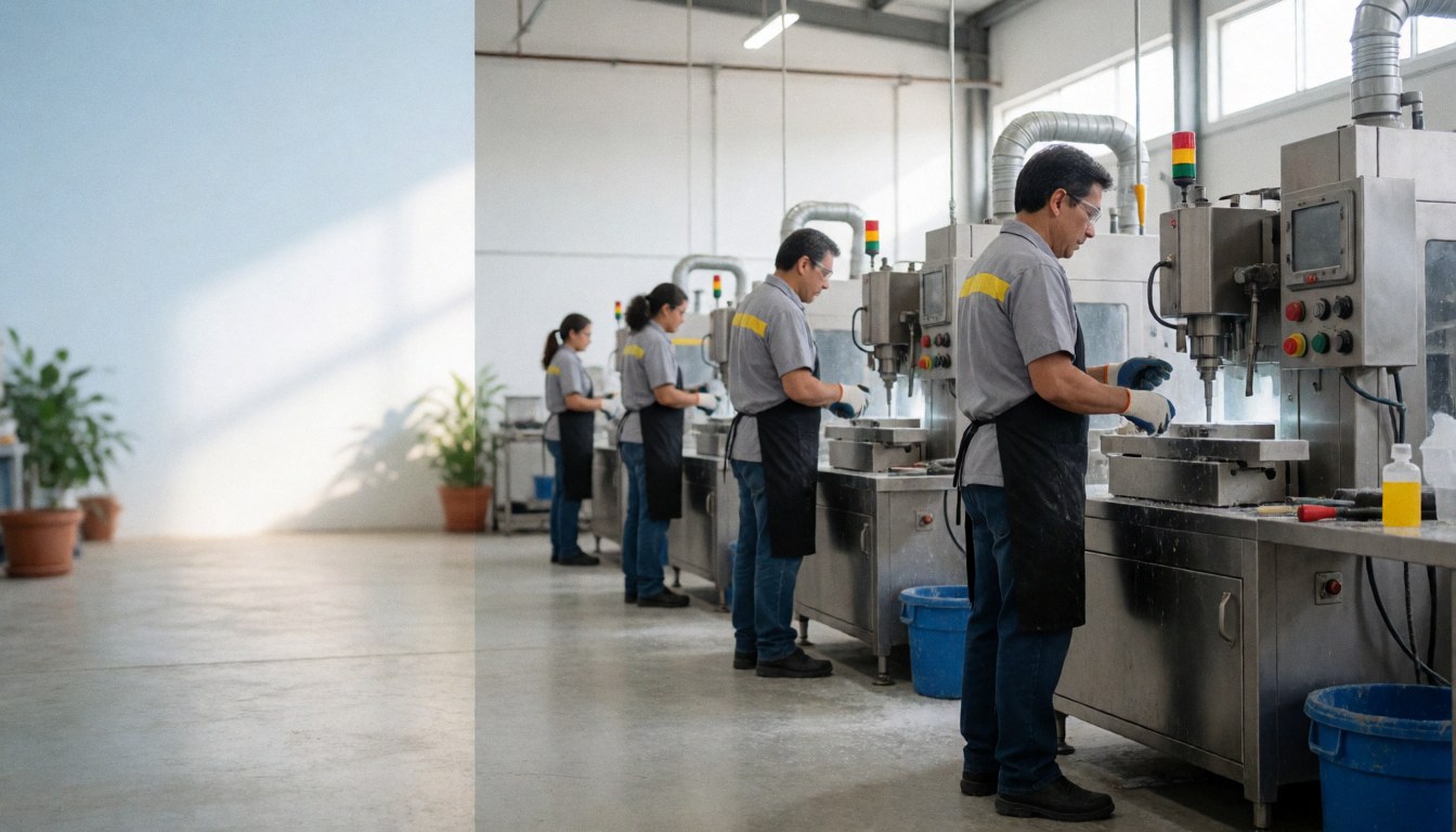 Travailleurs en ligne dans une usine industrielle, portant uniforme et gants, manipulant des machines en métal sous un plafond haut avec lumière naturelle.