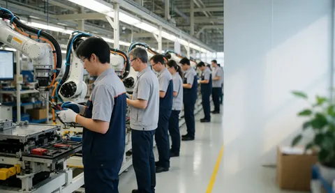 Des ingénieurs dans une usine automobile utilisent des robots sur la ligne d'assemblage, portant des lunettes et des gants de sécurité.