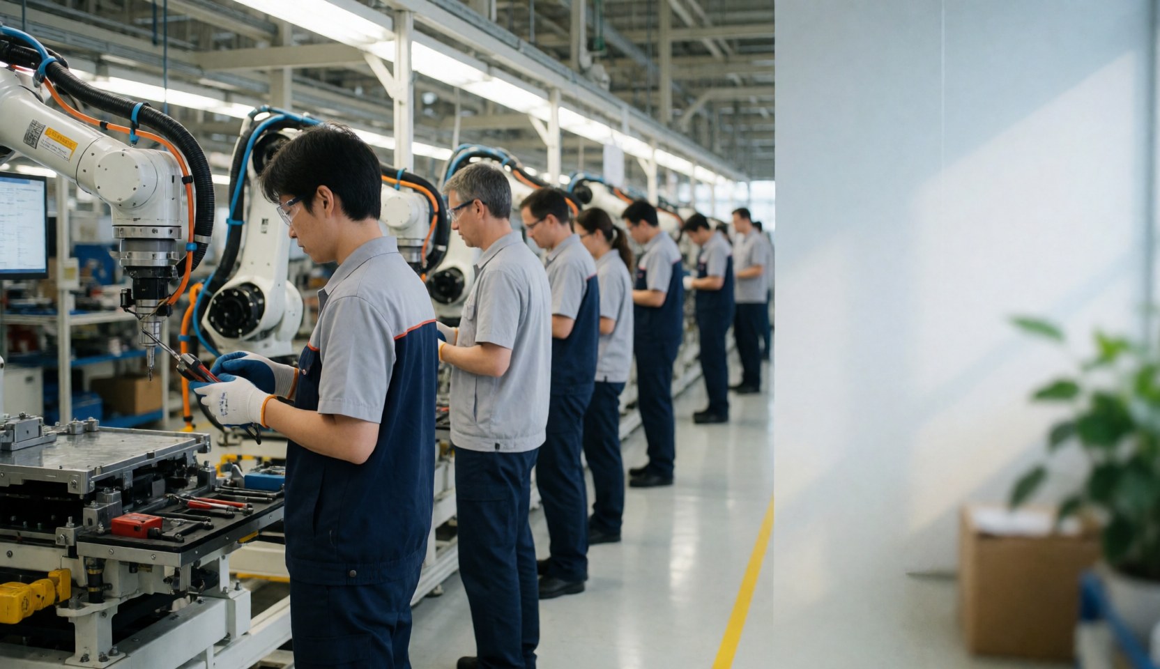 Des ingénieurs dans une usine automobile utilisent des robots sur la ligne d'assemblage, portant des lunettes et des gants de sécurité.