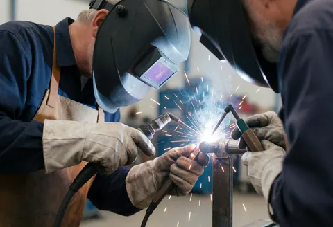 Deux soudeurs casqués et gantés soudent des tuyaux métalliques dans un atelier industriel, projetant des étincelles brillantes.