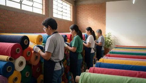 Des ouvriers dans une usine textile examinent des rouleaux de tissu coloré sous la lumière naturelle, avec des murs en briques et un espace pour texte à droite.