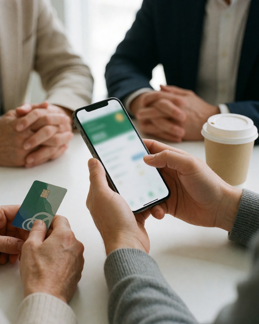 Mains tenant un smartphone et une carte bancaire sur une table blanche, avec une tasse de café, illustrant une transaction financière via une application mobile.