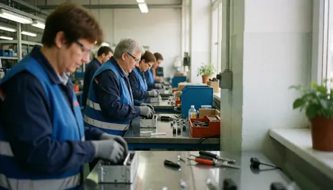 Des ouvriers en gilets bleus et lunettes assemblent des pièces dans une usine éclairée par la lumière naturelle avec des tables métalliques.