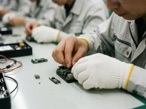 Des mains gantées d'assemblent des composants sur une carte de circuit imprimé dans un environnement industriel.