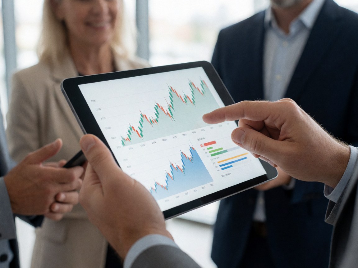 Des mains professionnelles indiquant des graphiques d'actions sur une tablette dans un bureau moderne avec des personnes en arrière-plan.