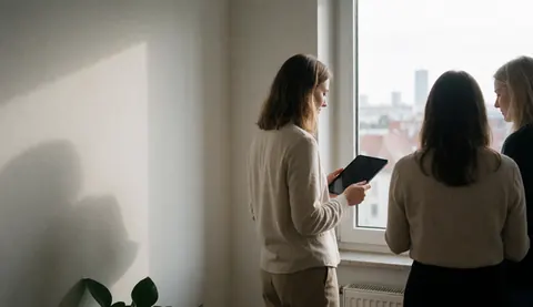 Trois professionnels consultent des données sur une tablette près d'une fenêtre offrant une vue sur la ville, dans un bureau aux murs blancs et à la lumière naturelle