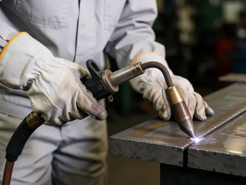 Des mains protégées par des gants de travail tiennent une torche de soudage au-dessus de plaques d'acier dans un atelier, avec des étincelles brillantes projetées.