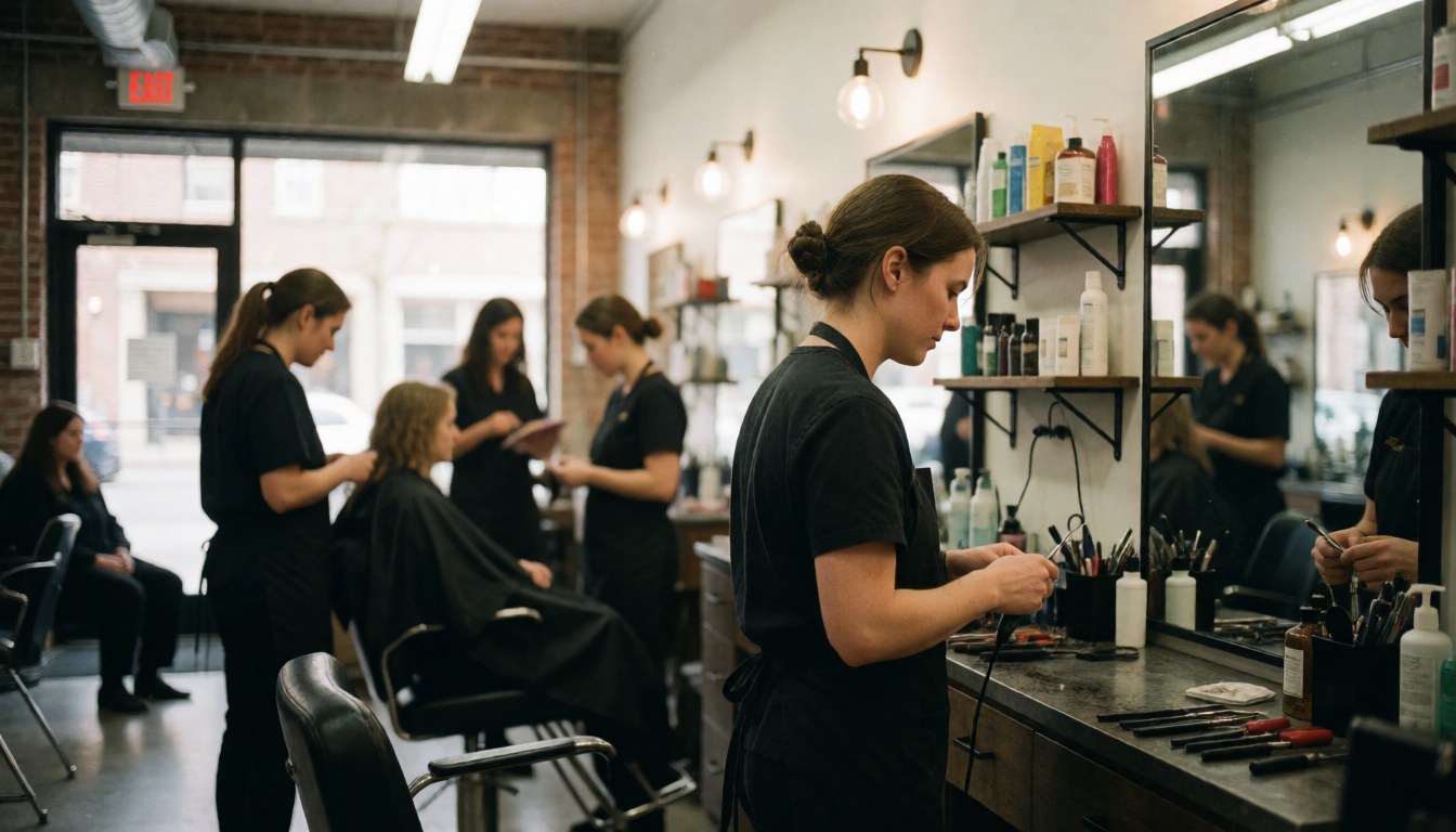 Un coiffeur utilise des outils professionnels au sein d'un salon de style industriel avec des miroirs et des produits visibles en arrière-plan.