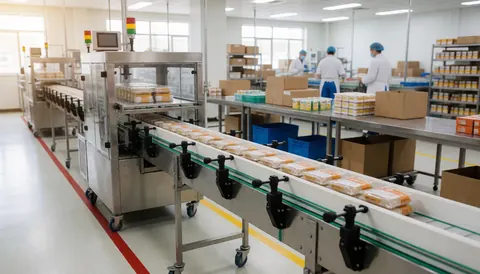 Convoyeur transportant des produits dans une usine alimentaire, travailleurs en uniforme et étagères avec des boîtes, éclairage industriel.