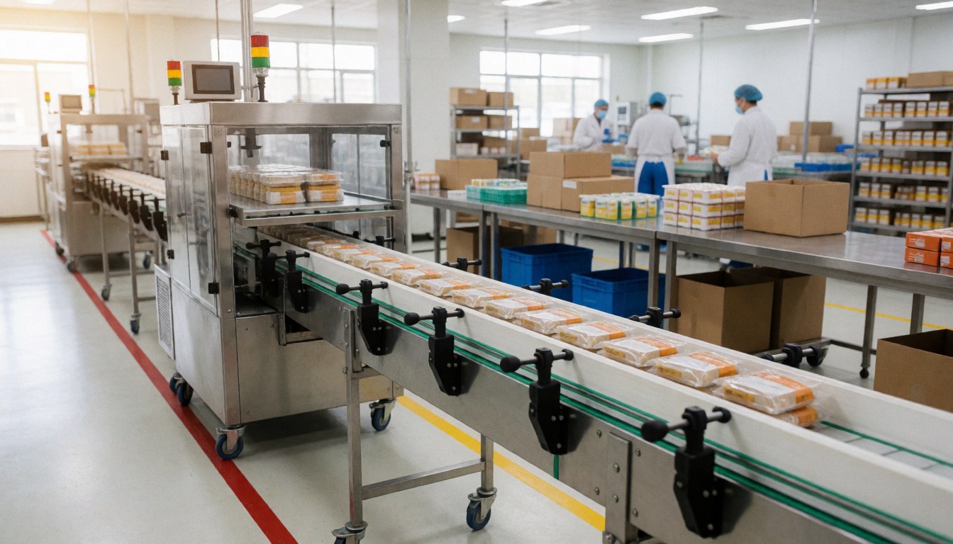 Convoyeur transportant des produits dans une usine alimentaire, travailleurs en uniforme et étagères avec des boîtes, éclairage industriel.