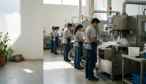 Travailleurs en ligne opérant des machines de fabrication dans une usine moderne avec sol en béton et lumière naturelle.