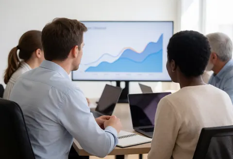 Équipe financière consultant des graphiques dans un bureau moderne équipé de moniteurs et d'ordinateurs portables pour analyser les données.