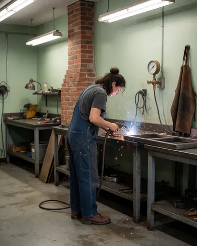 Une femme effectue une soudure sur du métal dans un atelier industriel avec une cheminée en briques et des outils suspendus.