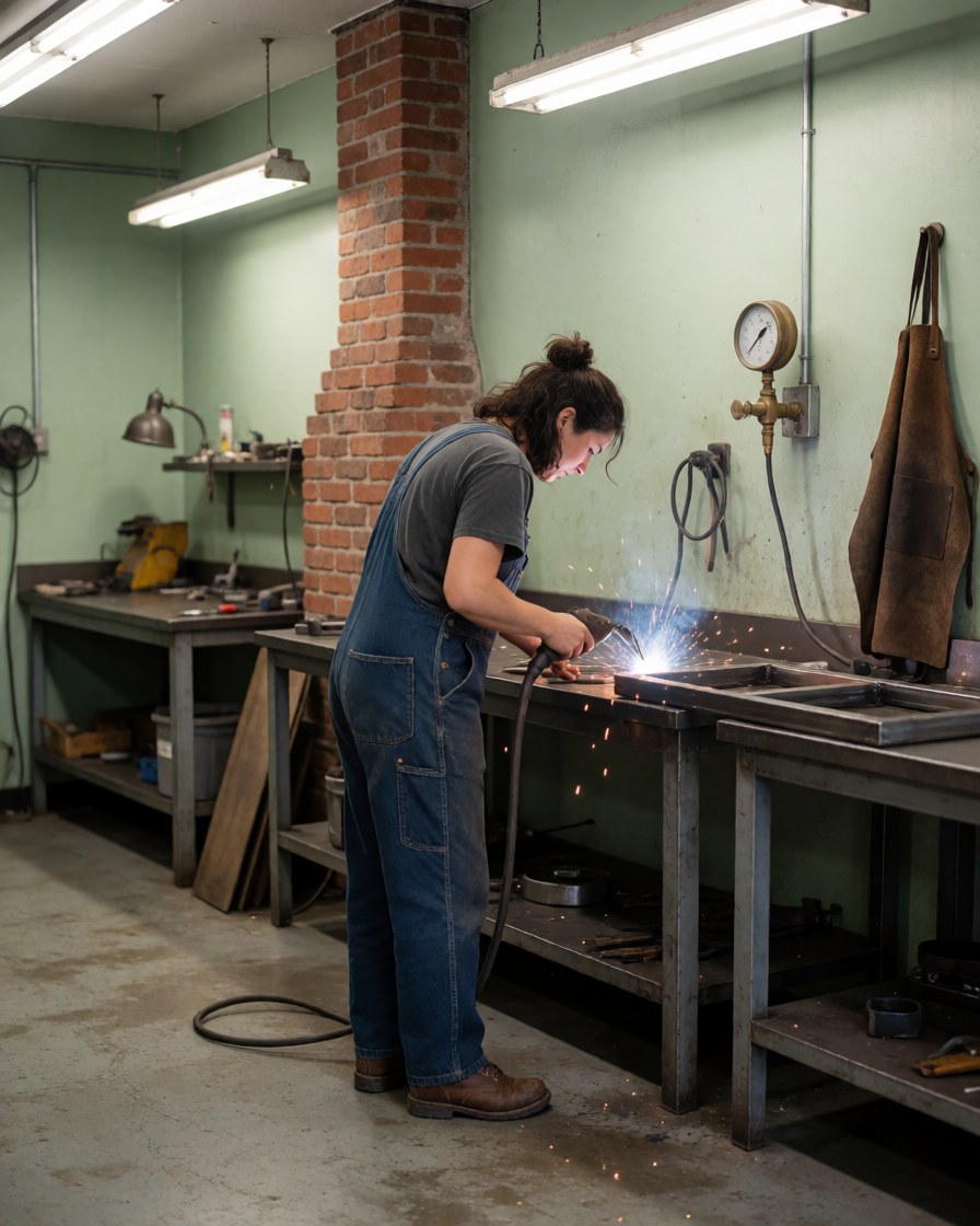 Une femme effectue une soudure sur du métal dans un atelier industriel avec une cheminée en briques et des outils suspendus.