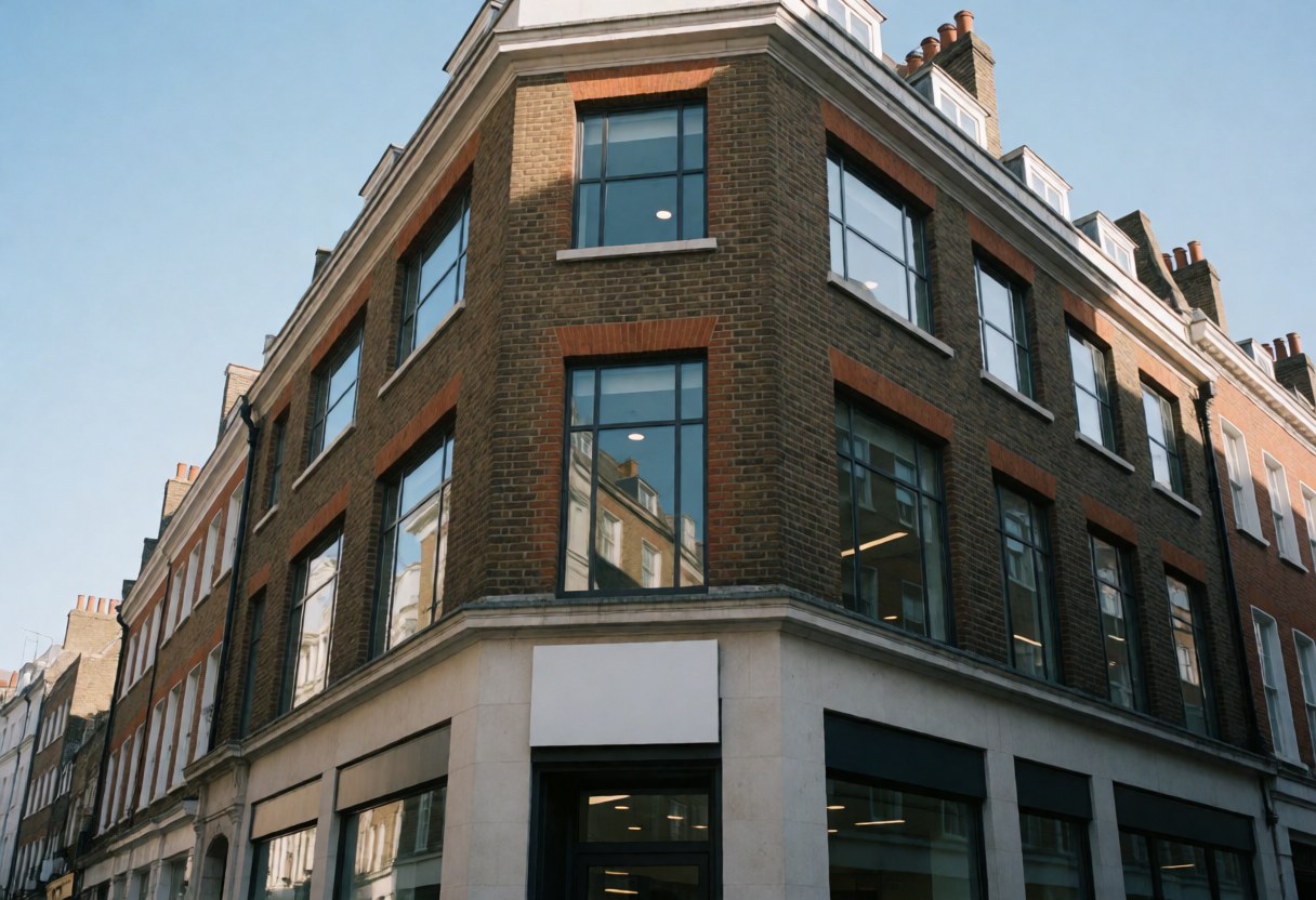 Façade en briques d'un immeuble de bureaux financiers avec de grandes fenêtres reflétant la rue sous un ciel bleu clair.