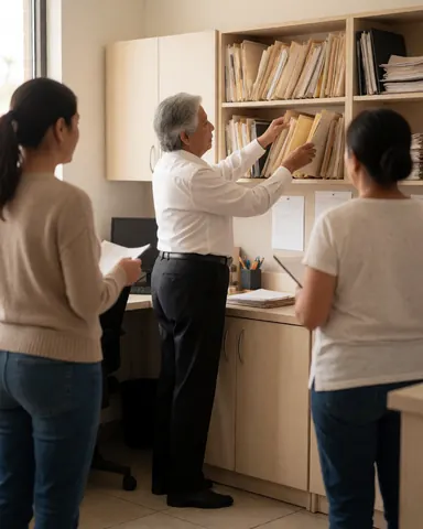 Un agent immobilier organise des dossiers dans un bureau moderne tandis que deux personnes observent le travail.