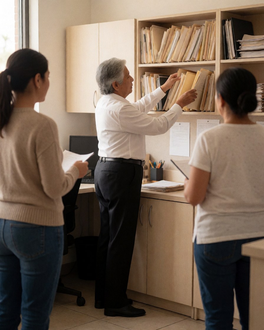 Un agent immobilier organise des dossiers dans un bureau moderne tandis que deux personnes observent le travail.