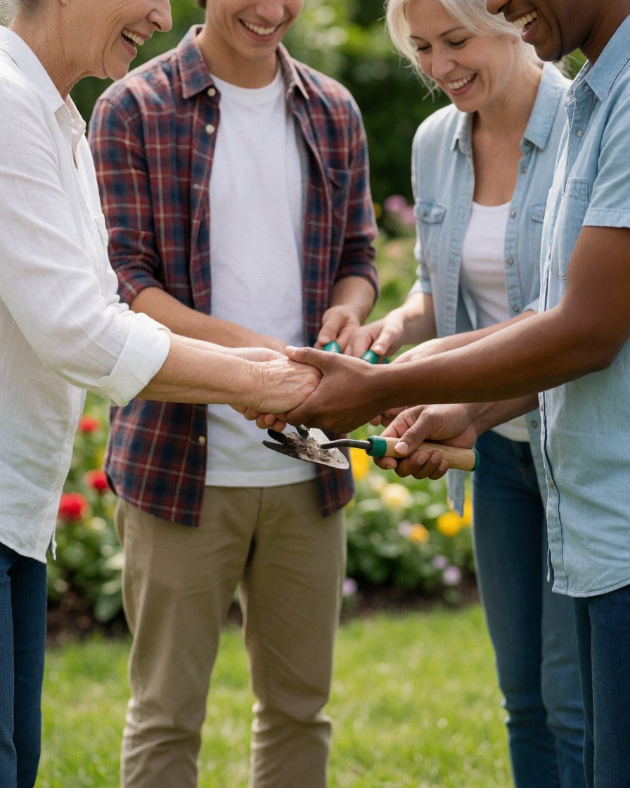Des mains tenant un outil de jardinage, symbole de bien-être et de satisfaction pour un nouveau propriétaire dans son jardin.