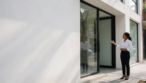 Agent immobilier indiquant l'entrée d'un bâtiment moderne aux murs blancs sous une lumière diurne brillante, idéal pour une page d'accueil immobilière.