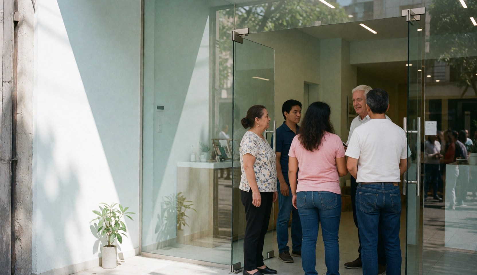 Personnes discutant à l'entrée d'une agence immobilière moderne avec des vitres et des plantes, éclairage naturel.