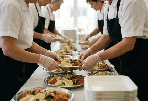 Mains gantées servant de la nourriture dans des assiettes sur une longue table dans un lieu bien éclairé