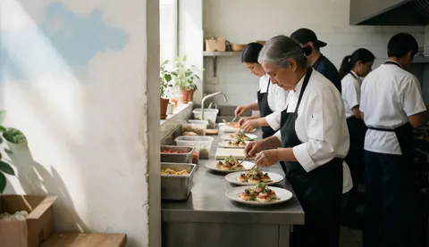 Un chef cuisine des plats gastronomiques sur un plan de travail en acier inoxydable dans une cuisine professionnelle éclairée par la lumière du matin.