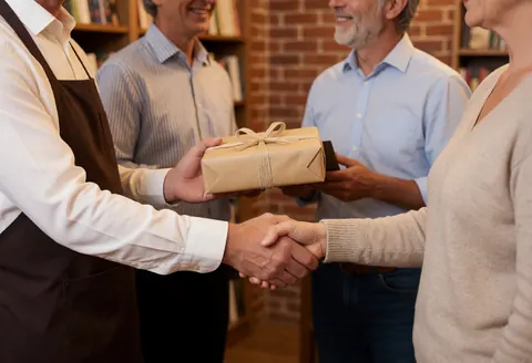 Un vendeur de librairie tend un paquet cadeau à une cliente qui lui serre la main devant des étagères de livres et un mur en briques.