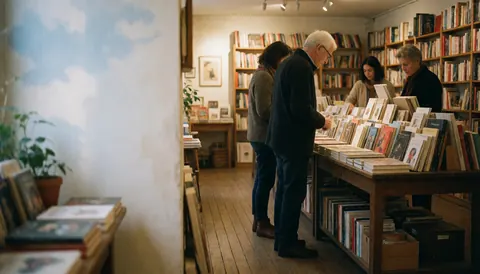 Des clients consultent des ouvrages dans une librairie aux étagères en bois et au sol en parquet, baignée d'une lumière chaude et d'une ambiance chaleureuse.